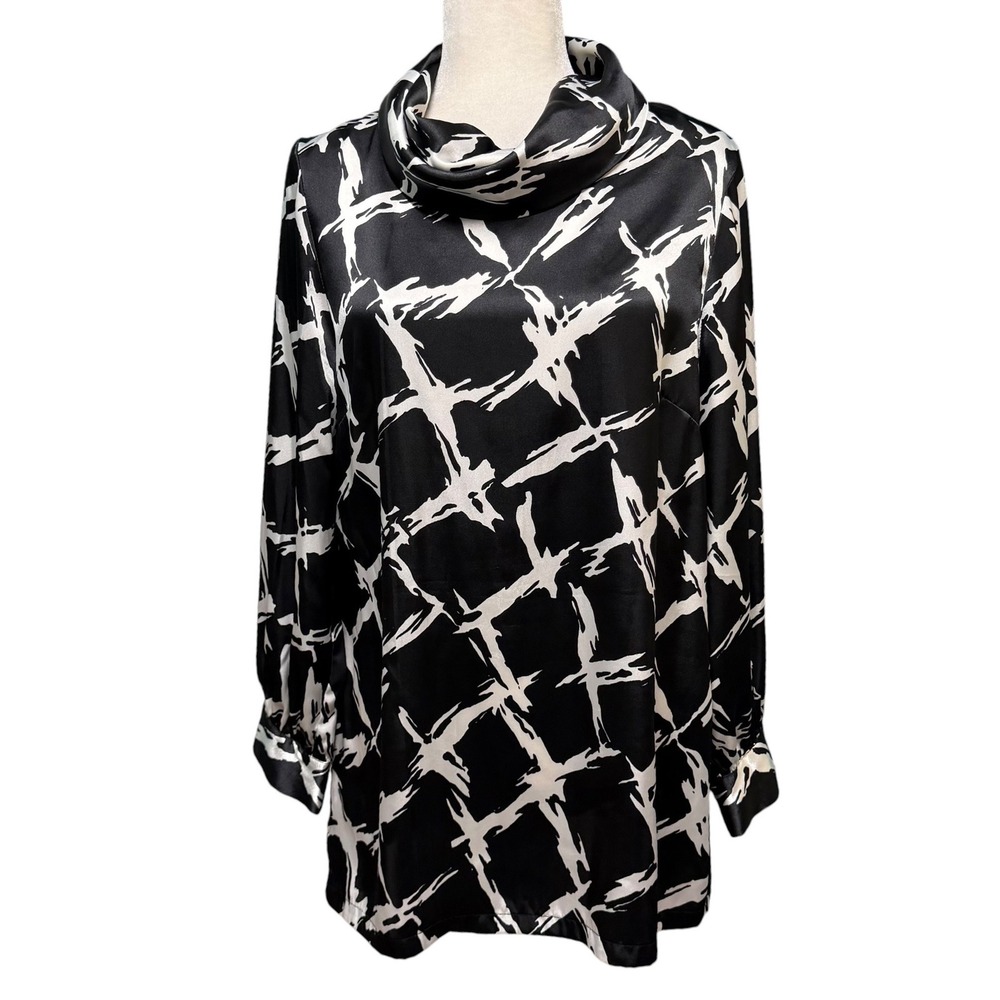 Chico's Tunic Top Womens 1 M Black White Abstract Cowl Neck Satin Long Sleeve